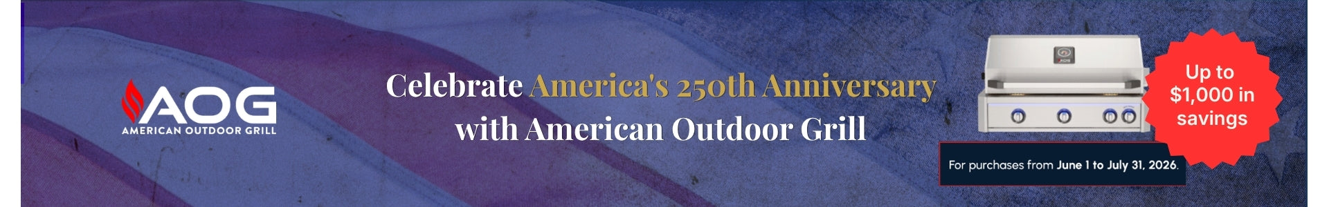 Promotional banner for American Outdoor Grill celebrating 25th anniversary with savings offer.