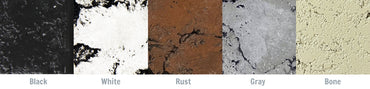 Color swatches labeled Black, White, Rust, Gray, and Bone.