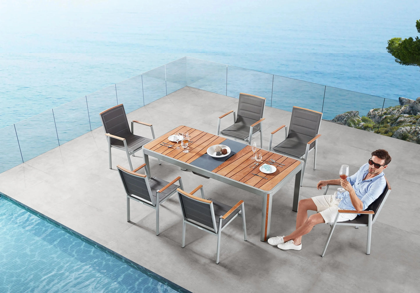 Higold Geneva Rectangular Umbrella Dining Set - Champagne - 203110-026