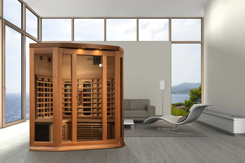 Golden Designs Saunas Maxxus 3-Person Corner Low EMF (Between 5-10 MG) FAR Infrared Sauna (Canadian Hemlock)-MX-K356-01