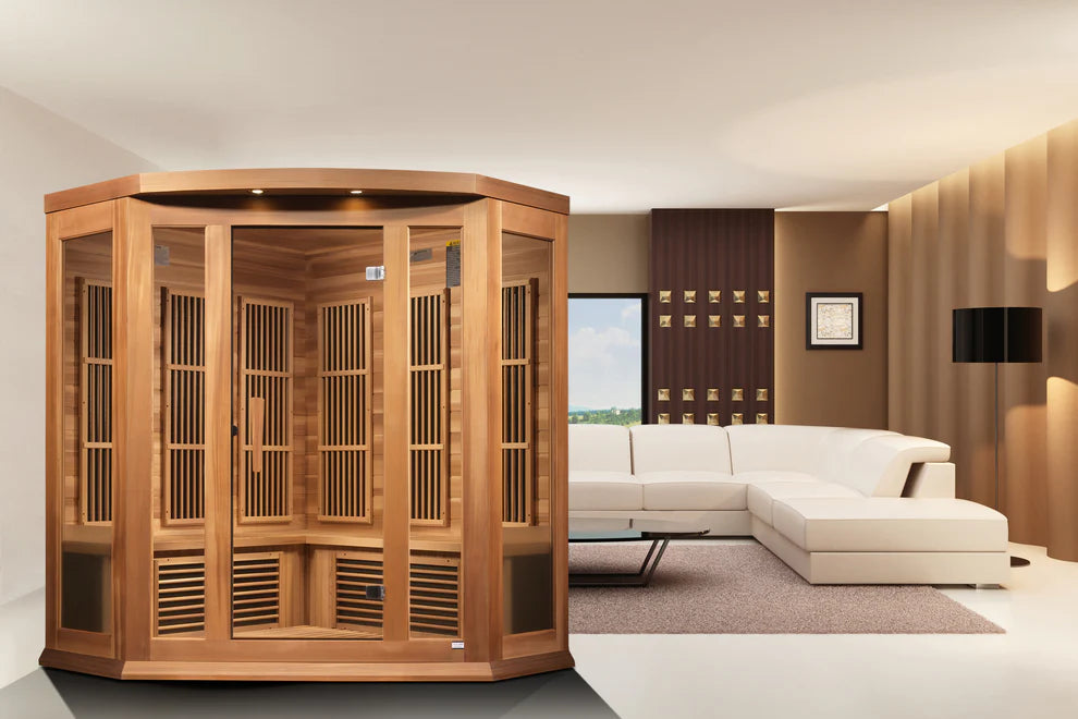 Golden Designs Saunas Maxxus 3-Person Corner Near Zero EMF (Under 3MG) FAR Infrared Sauna (Canadian Red Cedar)-MX-K356-01-ZF CED
