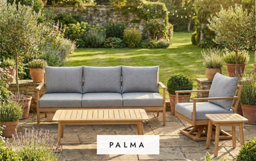 Outdoor furniture set with 'Palma' branding in a garden setting.