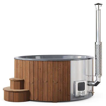 Wooden hot tub with metal exterior and chimney on a white background