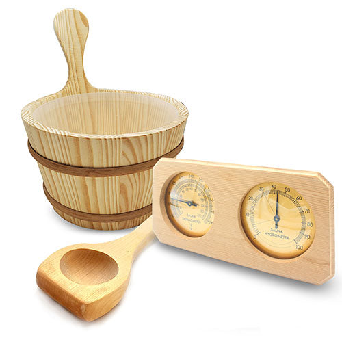 SaunaLife Accessory Package 8 Wooden Bucket, Ladle, Thermometer/Hygrometer