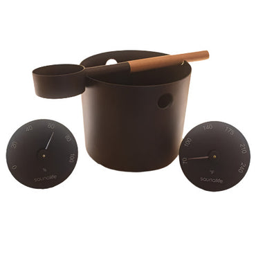 SaunaLife Accessory Package 5 - Bucket, Ladle, Thermometer and Hygrometer, Black