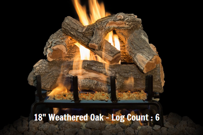 Fireplace logs with flames on a black background, labeled '18" Weathered Oak - Log Count: 6'.