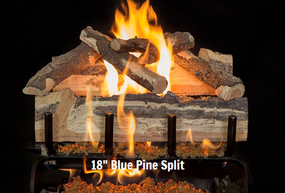 Fireplace logs with flames on a black background, labeled '18'' Blue Pine Split'.