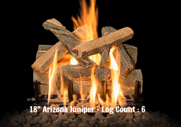 Fireplace logs burning with flames on a black background, labeled '18'' Arizona Juniper - Log Count: 6'.