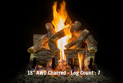 Fireplace logs burning with flames against a black background, labeled '18” AWO Charred - Log Count: 7'.