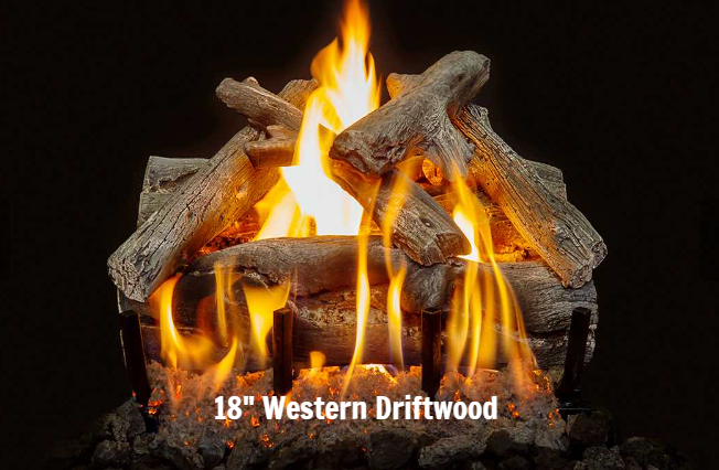 18" Western Driftwood fire pit with flames on a black background