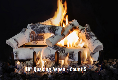 Fireplace with burning logs labeled '18" Quaking Aspen - Count 5' on a dark background