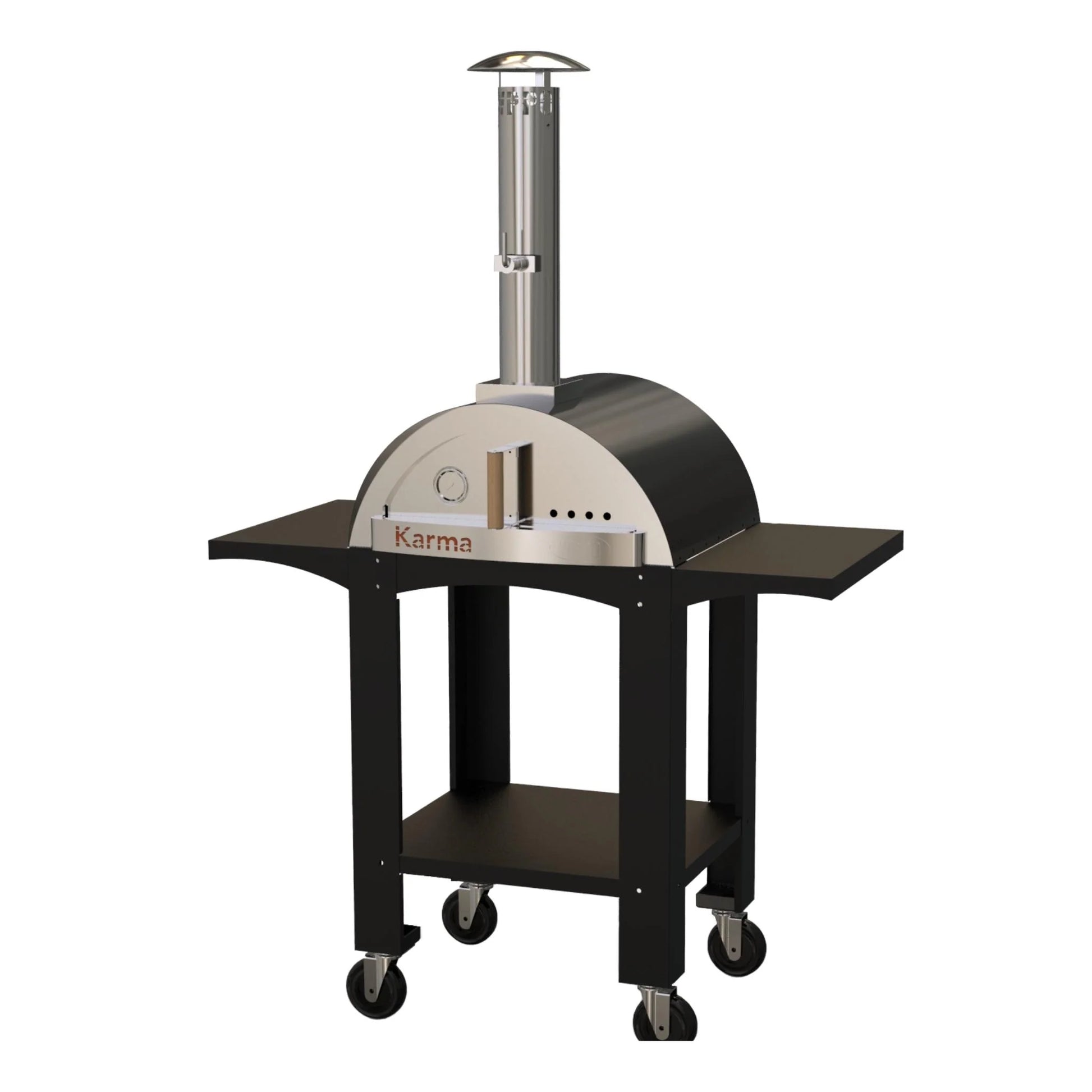 WPPO Karma 25" Black Colored Wood-Fired Oven With Black Cart & Side Shelves - WKK-01S-WS-BLK