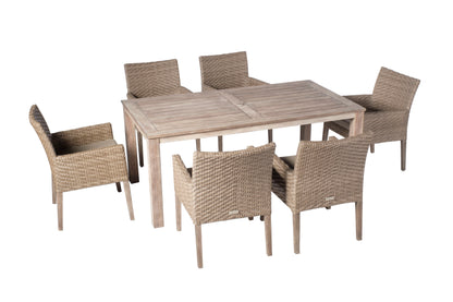 Alfresco Home Cornwall Wooden Dining Table with Umbrella Hole and 6 Dining Arm Chairs with Sunbelievable Cushions - 46-3002