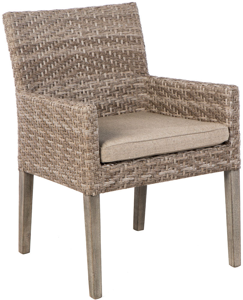 Alfresco Home Cornwall Wooden Dining Table with Umbrella Hole and 6 Dining Arm Chairs with Sunbelievable Cushions - 46-3002