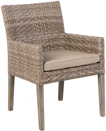 Alfresco Home Cornwall Wooden Dining Table with Umbrella Hole and 6 Dining Arm Chairs with Sunbelievable Cushions - 46-3002