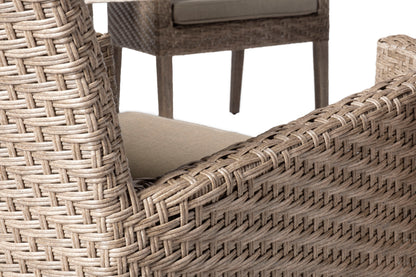 Alfresco Home Cornwall Wooden Dining Table with Umbrella Hole and 6 Dining Arm Chairs with Sunbelievable Cushions - 46-3002