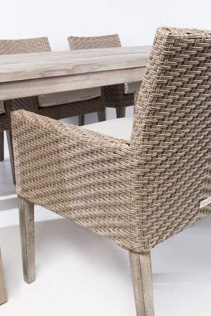 Alfresco Home Cornwall Wooden Dining Table with Umbrella Hole and 6 Dining Arm Chairs with Sunbelievable Cushions - 46-3002