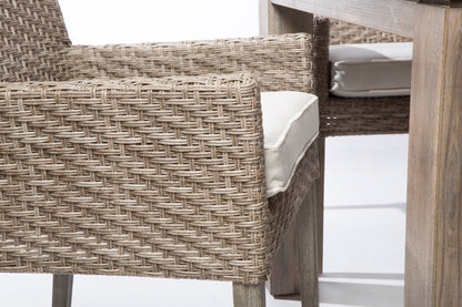 Alfresco Home Cornwall Wooden Dining Table with Umbrella Hole and 6 Dining Arm Chairs with Sunbelievable Cushions - 46-3002