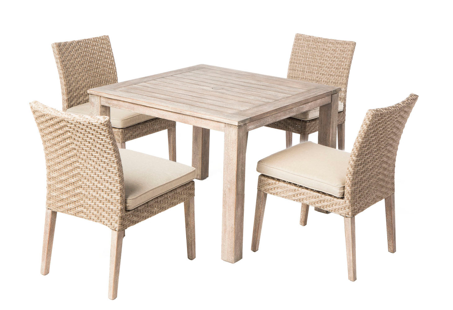 Alfresco Home Cornwall Woven Wood Dining Table with Umbrella Hole and 4 Armless Dining Chairs with Sunbelievable Taupe Cushions - 46-3009