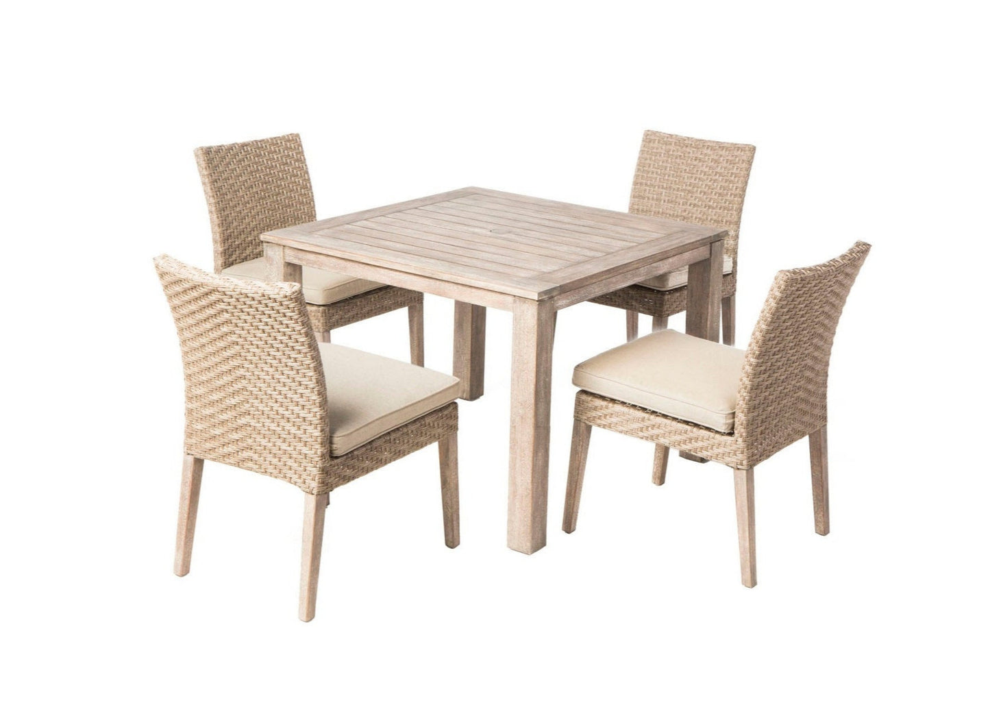 Alfresco Home Cornwall Woven Wood Dining Table with Umbrella Hole and 4 Armless Dining Chairs with Sunbelievable Taupe Cushions - 46-3009