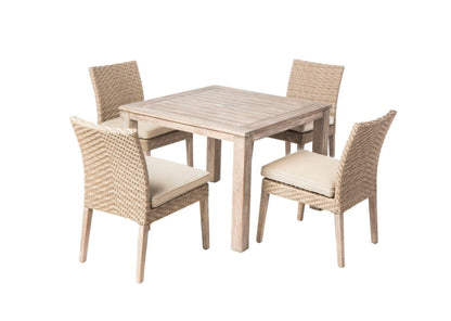 Alfresco Home Cornwall Woven Wood Dining Table with Umbrella Hole and 4 Armless Dining Chairs with Sunbelievable Taupe Cushions - 46-3009