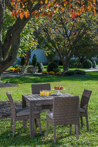 Alfresco Home Cornwall Woven Wood Dining Table with Umbrella Hole and 4 Armless Dining Chairs with Sunbelievable Taupe Cushions - 46-3009