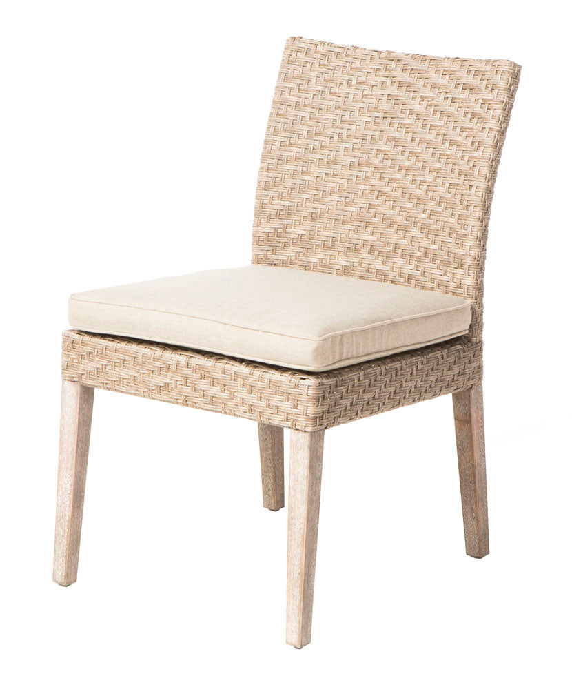 Alfresco Home Cornwall Woven Wood Dining Table with Umbrella Hole and 4 Armless Dining Chairs with Sunbelievable Taupe Cushions - 46-3009