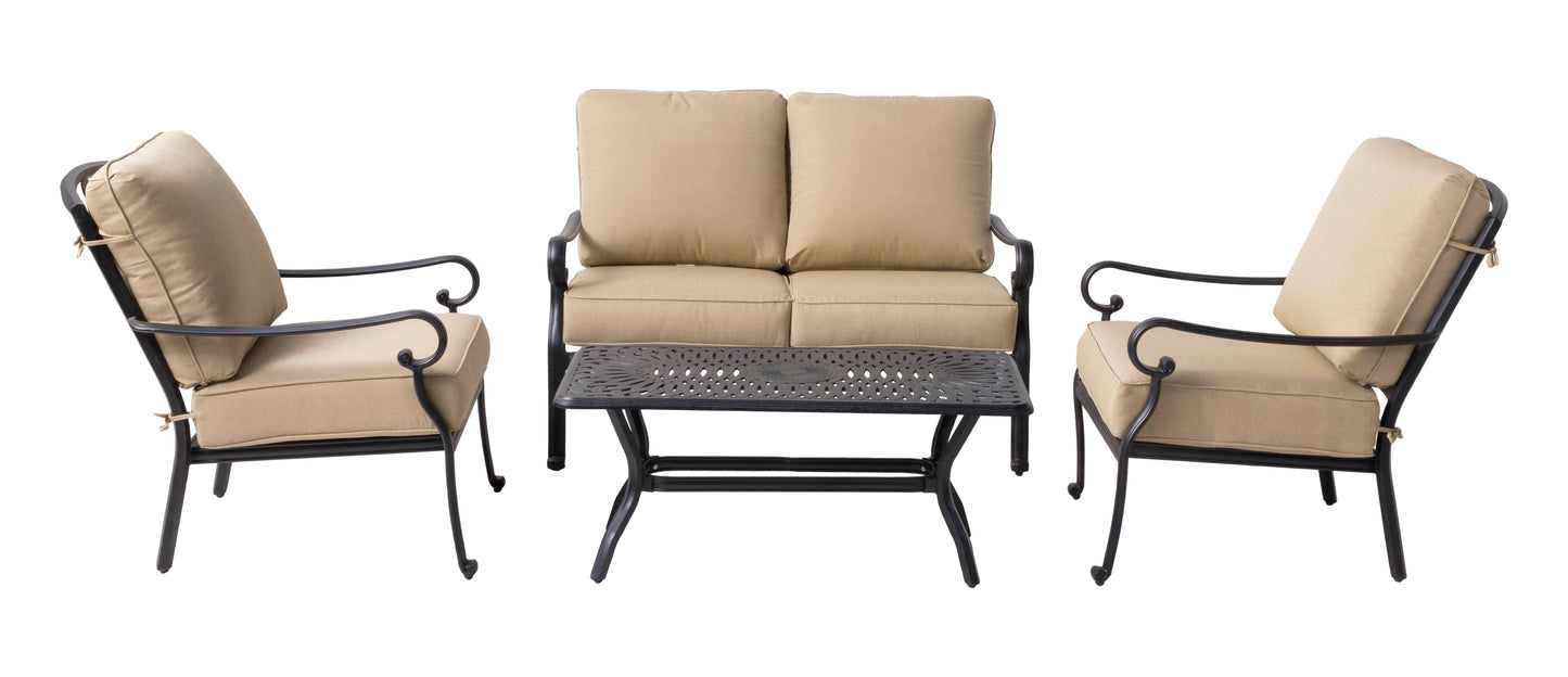 Alfresco Home Newbury Cast Aluminum Deep Seating Set with Coffee Table, Loveseat and 2 Lounge Chairs  and Cushions - 54-1300
