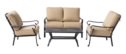 Alfresco Home Newbury Cast Aluminum Deep Seating Set with Coffee Table, Loveseat and 2 Lounge Chairs  and Cushions - 54-1300