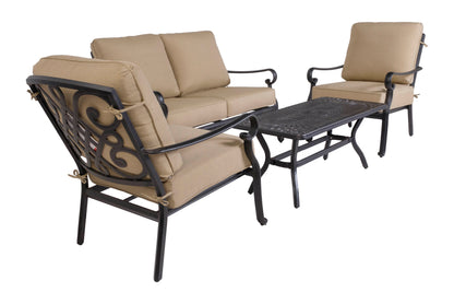 Alfresco Home Newbury Cast Aluminum Deep Seating Set with Coffee Table, Loveseat and 2 Lounge Chairs  and Cushions - 54-1300