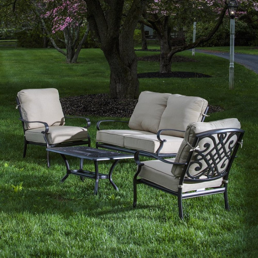 Alfresco Home Newbury Cast Aluminum Deep Seating Set with Coffee Table, Loveseat and 2 Lounge Chairs  and Cushions - 54-1300