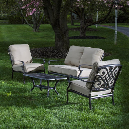 Alfresco Home Newbury Cast Aluminum Deep Seating Set with Coffee Table, Loveseat and 2 Lounge Chairs  and Cushions - 54-1300