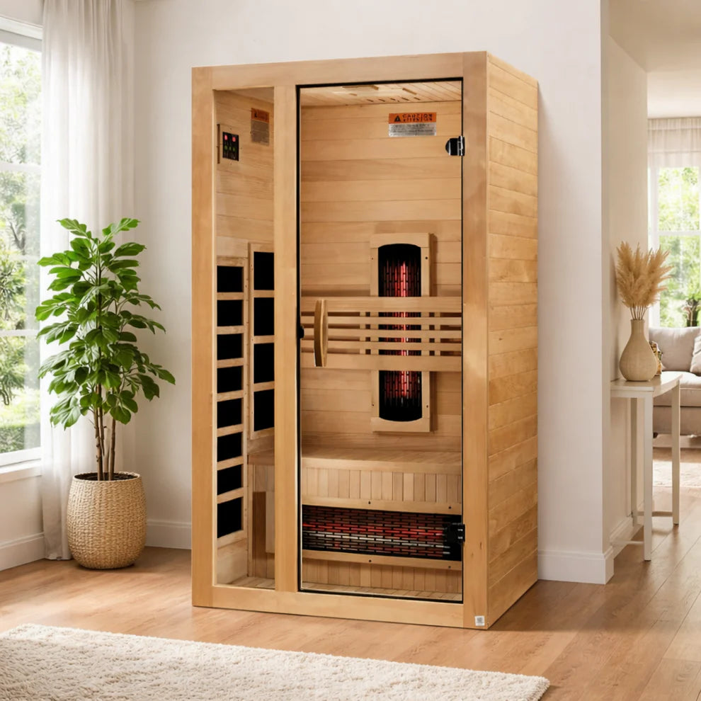 Golden Designs Saunas Dynamic Veneto 1-2 Person Low EMF (Between 5-10MG) Far Infrared Sauna (Canadian Hemlock)-DYN-6115-05