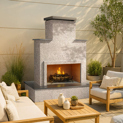 Cal Flame Tahiti – Contemporary Outdoor Gas Fireplace W/ Bottom Wrap-Around Mantel