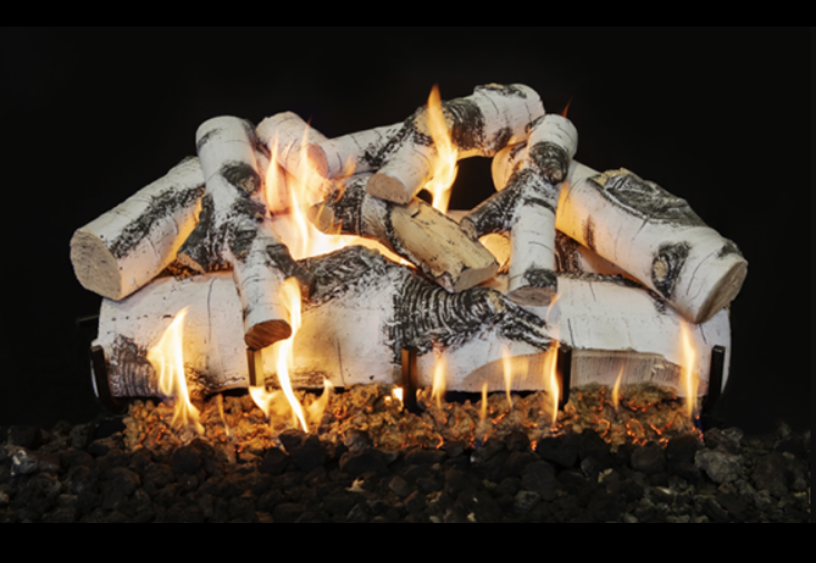Fireplace with birch logs burning against a black background