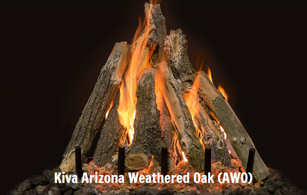 Fire pit with glowing logs labeled 'Kiva Arizona Weathered Oak (AWO)' against a dark background