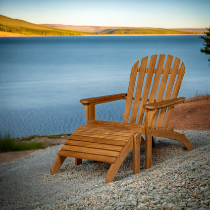 Wooden Adirondack chair by a lake with a scenic view