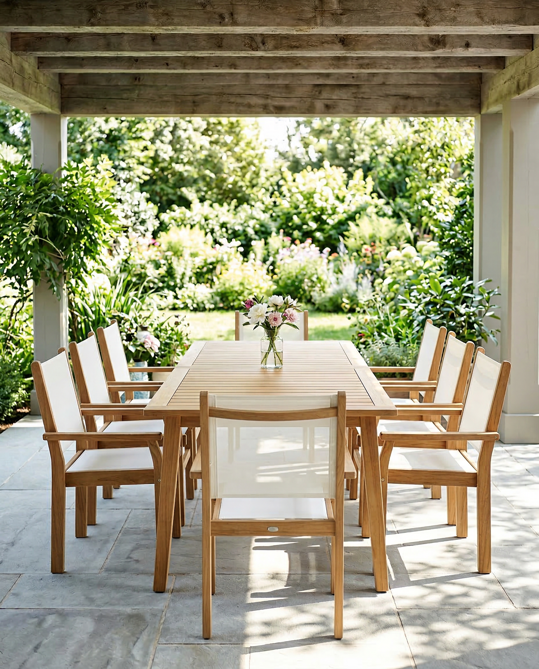 Royal Teak Collection Admiral 40x90 Dining Set with 8 Captiva Stacking Chairs - White Sling