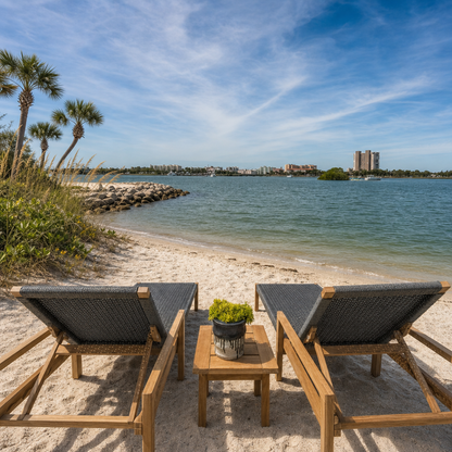 Two lounge chairs with a small table on a sandy beach with ocean and skyline in the background.