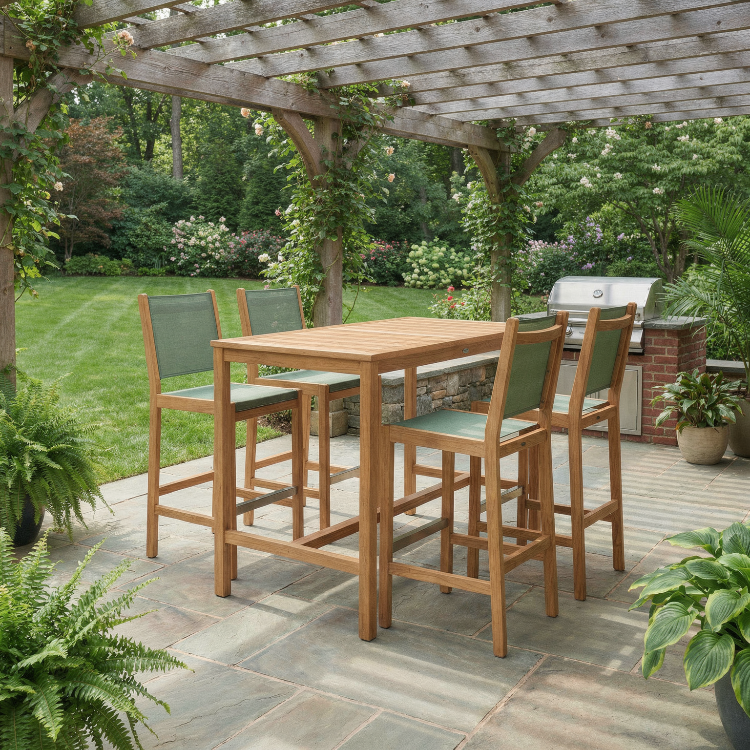 Outdoor patio set with wooden table and chairs on a stone patio, surrounded by greenery.