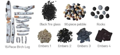 Amantii BIRCH-15 Piece Log Set with Deluxe Media - logs, stones, pebbles, blk fire glass, embers-DESIGN-MEDIA-BIRCH-15PCE