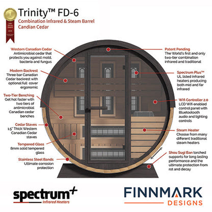 Finnmark FD-6 Cedar Combination Barrel Sauna – 6x6 Outdoor Infrared & Traditional