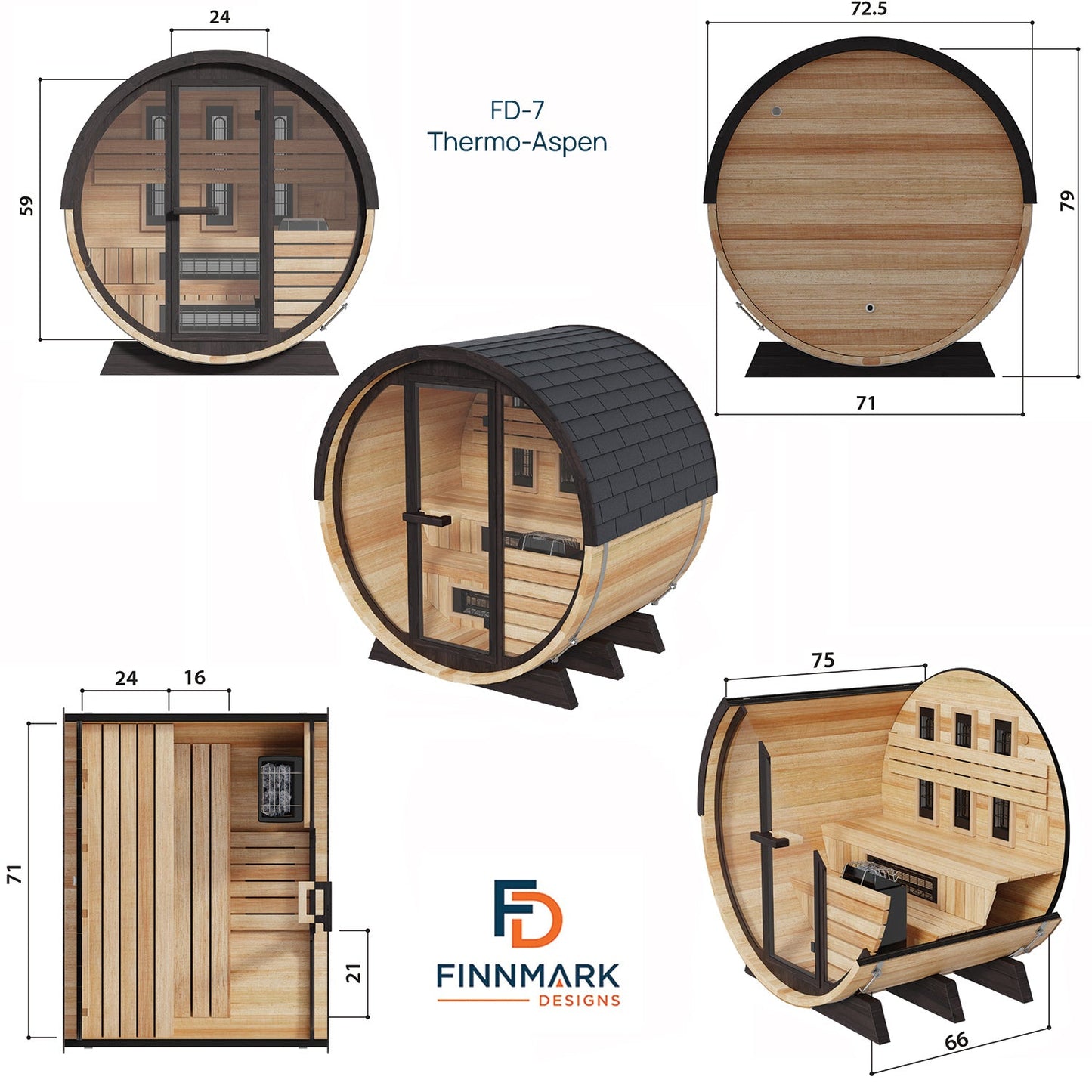 Finnmark FD-7 Thermo-Aspen Combination Barrel Sauna – 6x6 Outdoor Infrared & Traditional