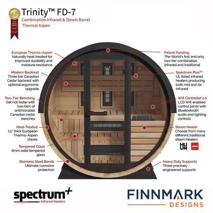 Finnmark FD-7 Thermo-Aspen Combination Barrel Sauna – 6x6 Outdoor Infrared & Traditional