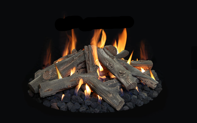 Fireplace with burning logs and embers on a black background