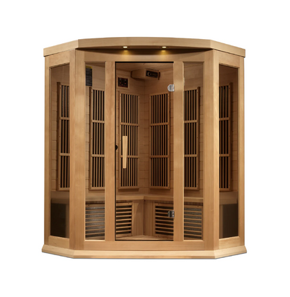 Maxxus K-Series 3-Person Corner Near Zero EMF FAR Infrared Sauna – Hemlock