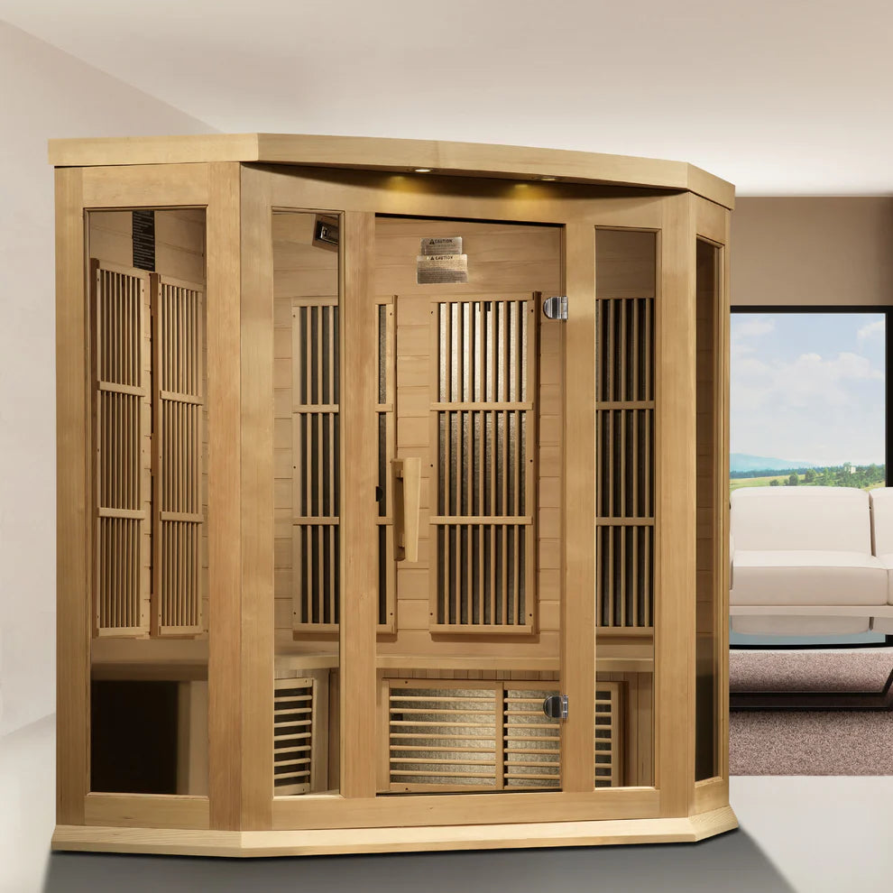 Maxxus K-Series 3-Person Corner Near Zero EMF FAR Infrared Sauna – Hemlock