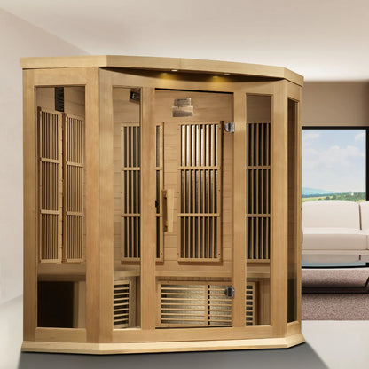 Maxxus K-Series 3-Person Corner Near Zero EMF FAR Infrared Sauna – Hemlock