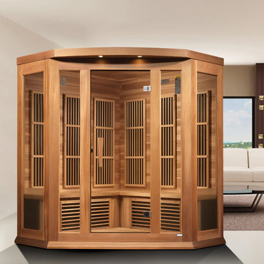 Golden Designs Saunas Maxxus 3-Person Corner Low EMF (Between 5-10 MG) FAR Infrared Sauna (Canadian Hemlock)-MX-K356-01