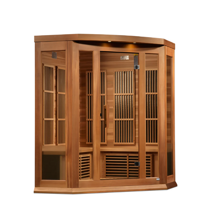 Maxxus 3-Person Corner Near Zero EMF FAR Infrared Sauna – Red Cedar